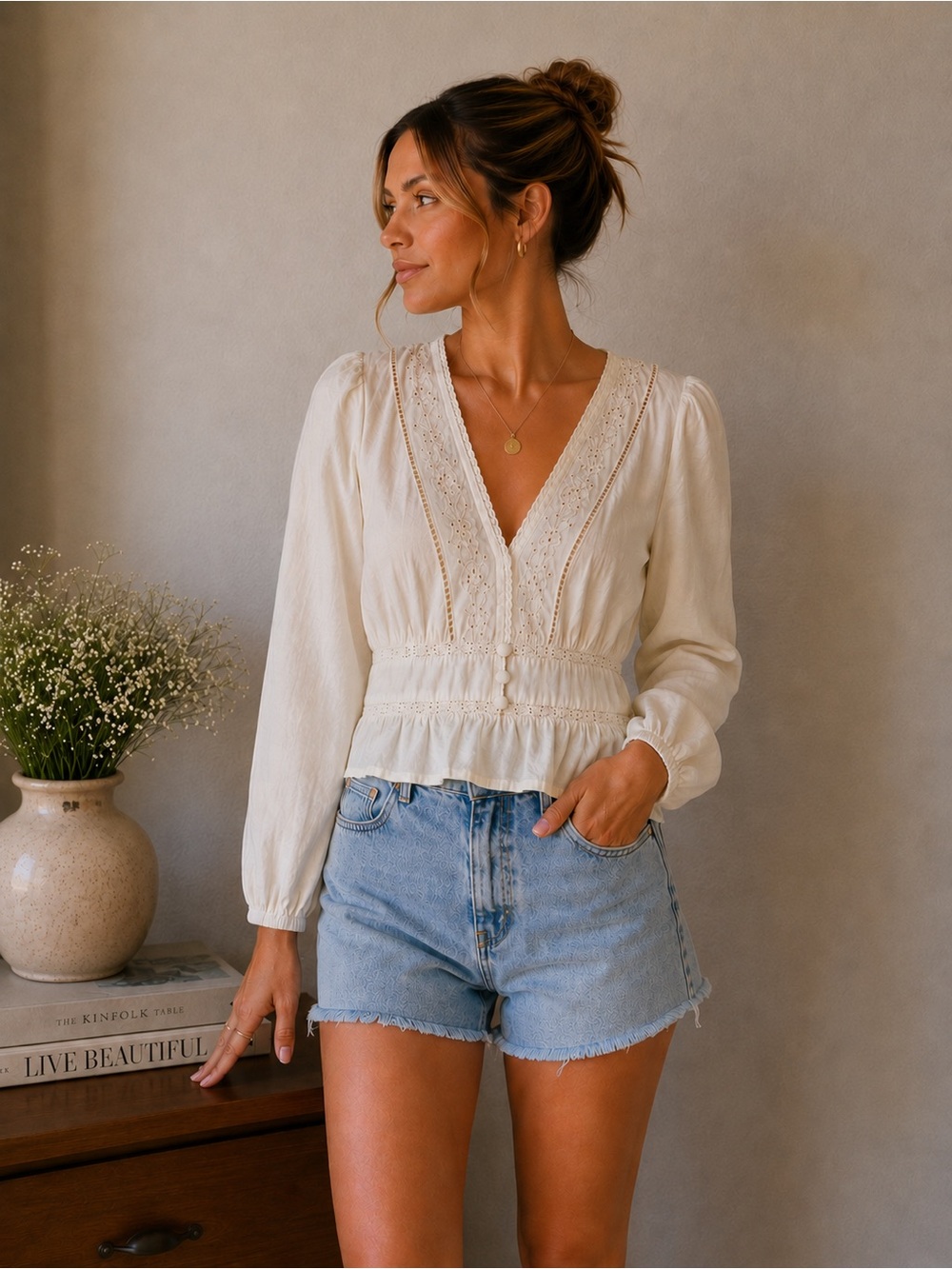 American Eagle Outfitters Cream Lace-Trim V-Neck Peplum Blouse